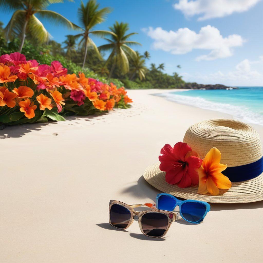 A luxurious beach scene featuring elegant swimwear displayed on a sandy shore, with vibrant tropical flowers and crystal-clear waves in the background. Include stylish beach accessories like hats and sunglasses to enhance the ambiance of luxury. Show a hint of an upscale beachfront rental property in the distance, to create a sense of destination. super-realistic. vibrant colors. 3D.