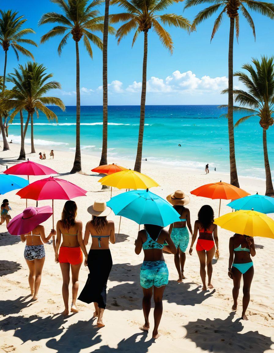 A sun-soaked beach scene showcasing diverse individuals wearing vibrant, stylish beachwear essentials, with palm trees swaying in the background, colorful beach umbrellas dotting the sandy shores, and splashes of turquoise water. The fashion should be trendy with a mix of patterns, accessories like hats and sunglasses, and a lively atmosphere. Bright, cheerful colors emphasizing summer vibes. super-realistic. vibrant colors.